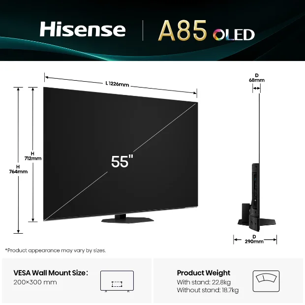 Телевизор Hisense 55A85Q 55" OLED 4K Ultra HD VIDAA Smart OS