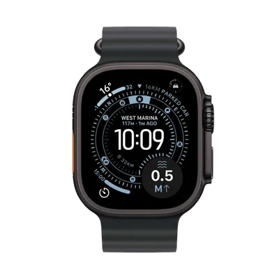 Смарт часовник Apple Watch Ultra 3 Cellular 49mm, Титаниев корпус, Черна каишка Ocean Band
