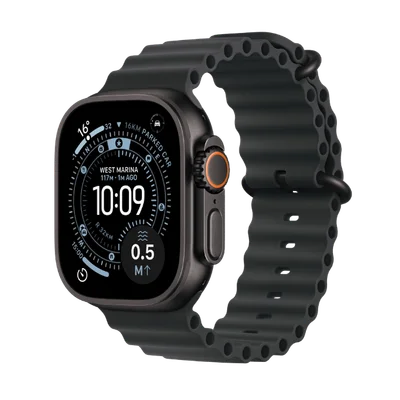 Смарт часовник Apple Watch Ultra 3 Cellular 49mm, Титаниев корпус, Черна каишка Ocean Band