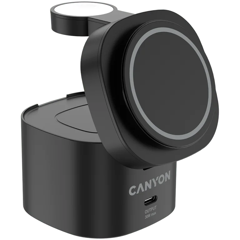 Безжична зарядна станция Canyon OnCharge 405, 4-в-1, Qi2, 15W, с 65W адаптер, черен