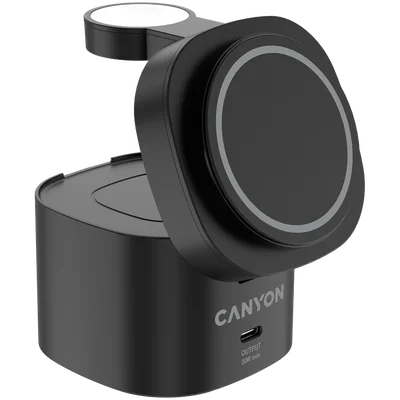 Безжична зарядна станция Canyon OnCharge 405, 4-в-1, Qi2, 15W, с 65W адаптер, черен