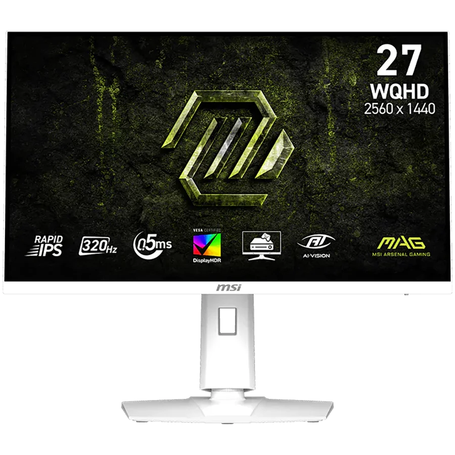 MSI MAG 274QRFW X32 Gaming Monitor, 27" 320Hz, WQHD (2560x1440) 16:9, Rapid IPS Anti-glare, 0.5ms, 300nits, 1000:1, 178/178, G-SYNC Compatible, AMD FreeSync Premium, DisplayHDR 400, Adj. Stand, 1x DP, 2x HDMI, 1x Headphone out, White, 3Y