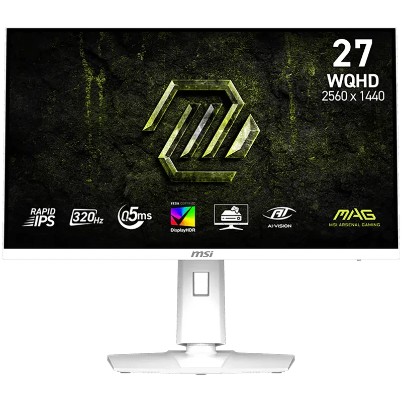MSI MAG 274QRFW X32 Gaming Monitor, 27" 320Hz, WQHD (2560x1440) 16:9, Rapid IPS Anti-glare, 0.5ms, 300nits, 1000:1, 178/178, G-SYNC Compatible, AMD FreeSync Premium, DisplayHDR 400, Adj. Stand, 1x DP, 2x HDMI, 1x Headphone out, White, 3Y