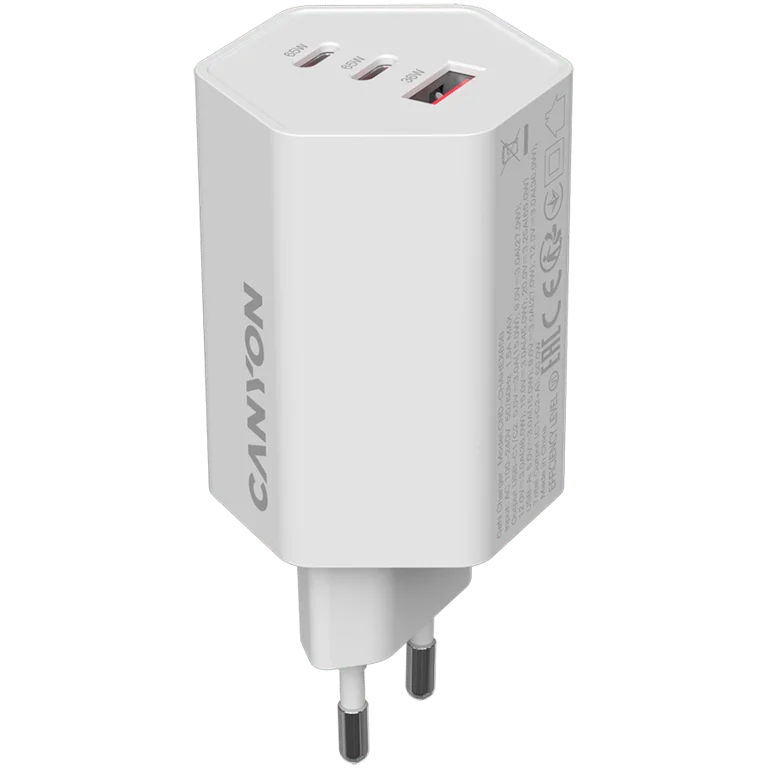 Захранващ адаптер CANYON Hexagon 65 GaN 65W, 2x USB Type-C Power Delivery, 1x USB Type-A QC, EU, Бял