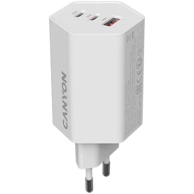 Захранващ адаптер CANYON Hexagon 65 GaN 65W, 2x USB Type-C Power Delivery, 1x USB Type-A QC, EU, Бял