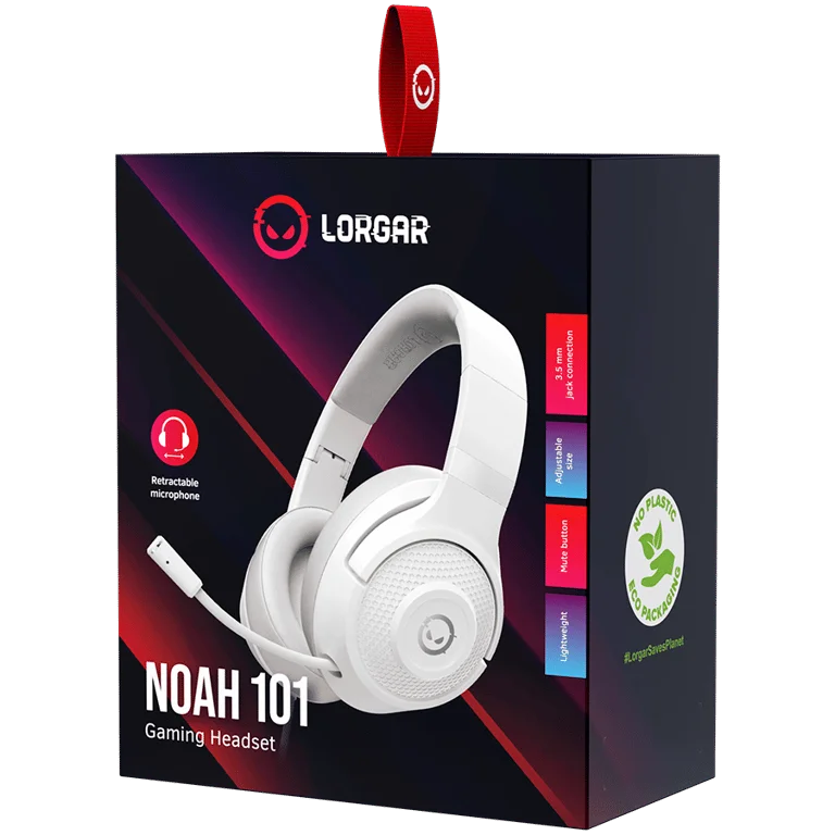 LORGAR Noah 101, Gaming headset with microphone, 3.5mm jack connection, cable length 2m, foldable design, PU leather ear pads, size: 185*195*80mm, 0.245kg, white