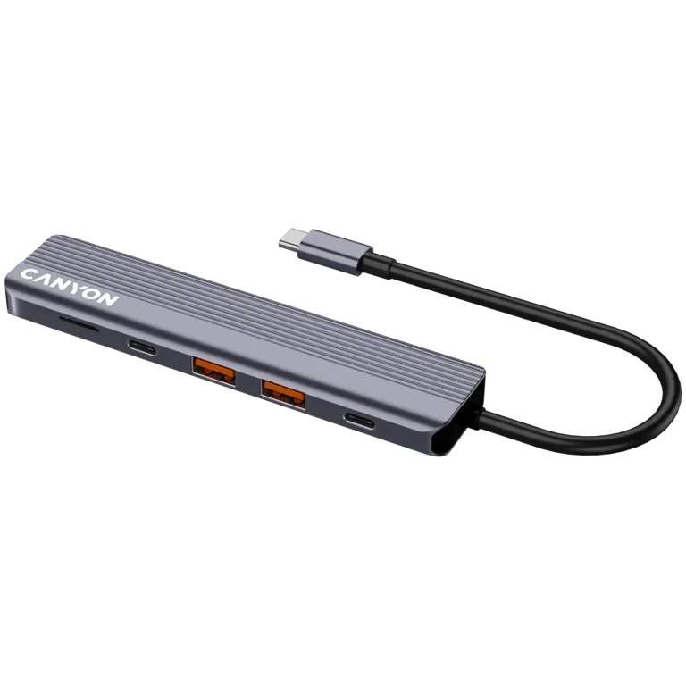 USB хъб CANYON DS-17 6-в-1, USB-C, HDMI 4K, microSD четец, сив
