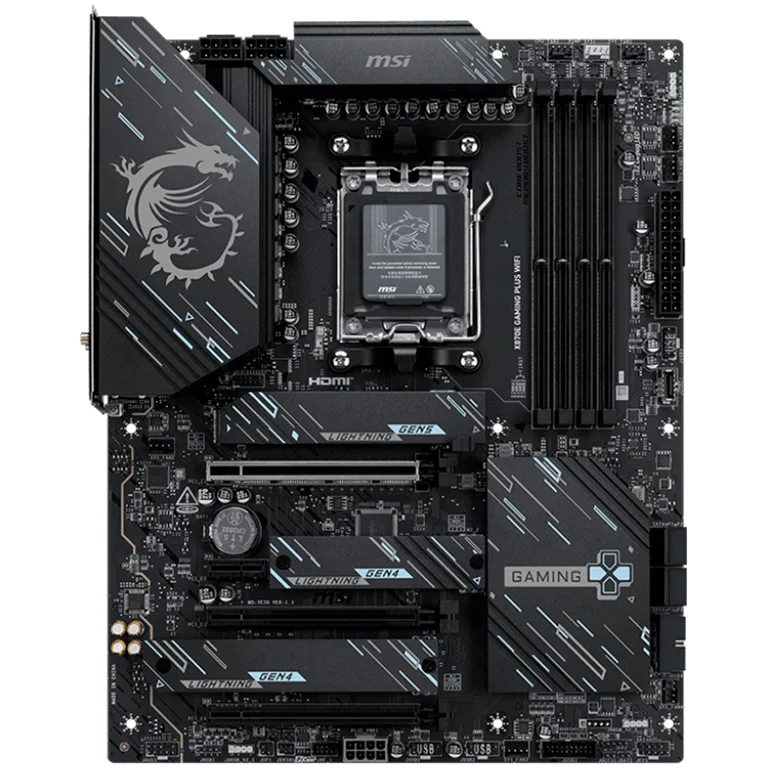 MSI X870E GAMING PLUS WIFI, ATX, Socket AM5, 4x DDR5 Dual Channel DDR5 up to 8200(OC)MHz, 3x PCIe x16 slot, 3x M.2 slot, 4x USB 2.0, 2x USB 5Gbps, 2x USB 10Gbps, 1x 20Gbps Type-C, 1x 40Gbps Type-C, HDMI, 7.1 HD Audio, 5G LAN, WiFI 7, BT, 3Y