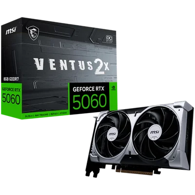 MSI Video Card NVIDIA GeForce RTX 5060 8G VENTUS 2X OC, 8GB GDDR7, 128-bit, 2535 MHz Boost, 3840 CUDA Cores, PCIe 5.0 (x8), 3x DP 2.1b, HDMI 2.1b, RAY TRACING, Dual Fan, 145W TDP, 8-pin PCIe Power, G-SYNC, 2-Slot, 3Y