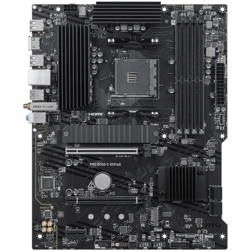 MSI PRO B550-S WIFI6E, ATX, Socket AM4, 4 DIMM, Dual Channel DDR4 up to 4800+(OC)MHz, 1x PCIe 4.0 x16, 1x PCIe 3.0 x4, 1x PCIe 3.0 x1, 2x M.2, 4x SATA3, 2x USB 3.2 Gen 2, 5x USB 3.2 Gen 1, 8x USB 2.0, 1x HDMI, 1G LAN, WIFI6E, BT 5.3, 7.1 Audio, 3Y