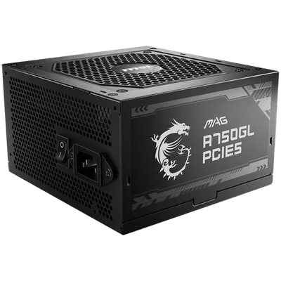 MSI MAG A750GL PCIE5, 750W, 80 Plus Gold, ATX Form Factor, 100~240 Vac Input Voltage, 47Hz ~ 63Hz Input Frequency, 120 mm Fan, 140 x 150 x 86mm, Active PFC, OCP, OVP, OPP, OTP, SCP, UVP, ATX, 2xEPS, 4XPCi-E, 8xSATA, 4xMOLEX, 1xFDD, 7Y