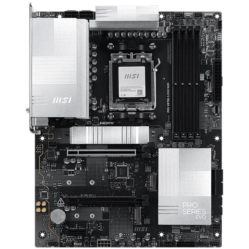 MSI PRO X870E-S EVO WIFI, ATX, Socket AM5, 4x DDR5 Dual Channel, 1x PCIe x16 slot, 1x PCIe x4 slot, 1x PCIe x1 slot, 3x M.2 slot, 4x SATA3, 1x USB4 40Gbps Type-C, 1x HDMI, 1x DP Type-C, 7.1 HD Audio, 5G LAN, WiFi 7, BT, 3Y