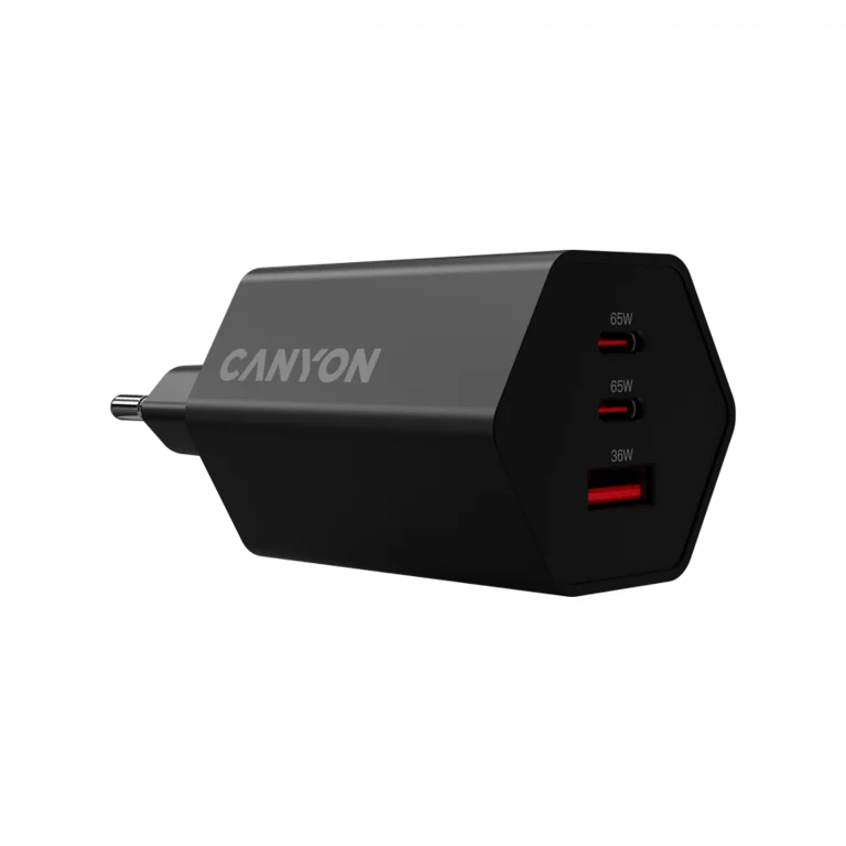Захранващ адаптер CANYON HEXAGON 65 GaN 65W 2xUSB-C 1xUSB-A EU Черен