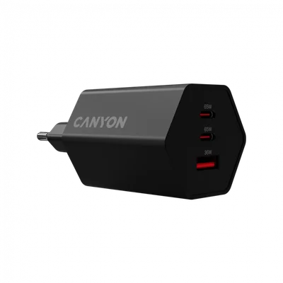 Захранващ адаптер CANYON HEXAGON 65 GaN 65W 2xUSB-C 1xUSB-A EU Черен