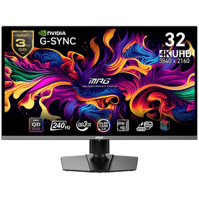 Монитор MSI MPG 321URX QD-OLED 32" 4K UHD, 240Hz, 0.03ms, G-SYNC, DisplayHDR True Black 400, QD-OLED Anti-Reflection, регулируема стойка