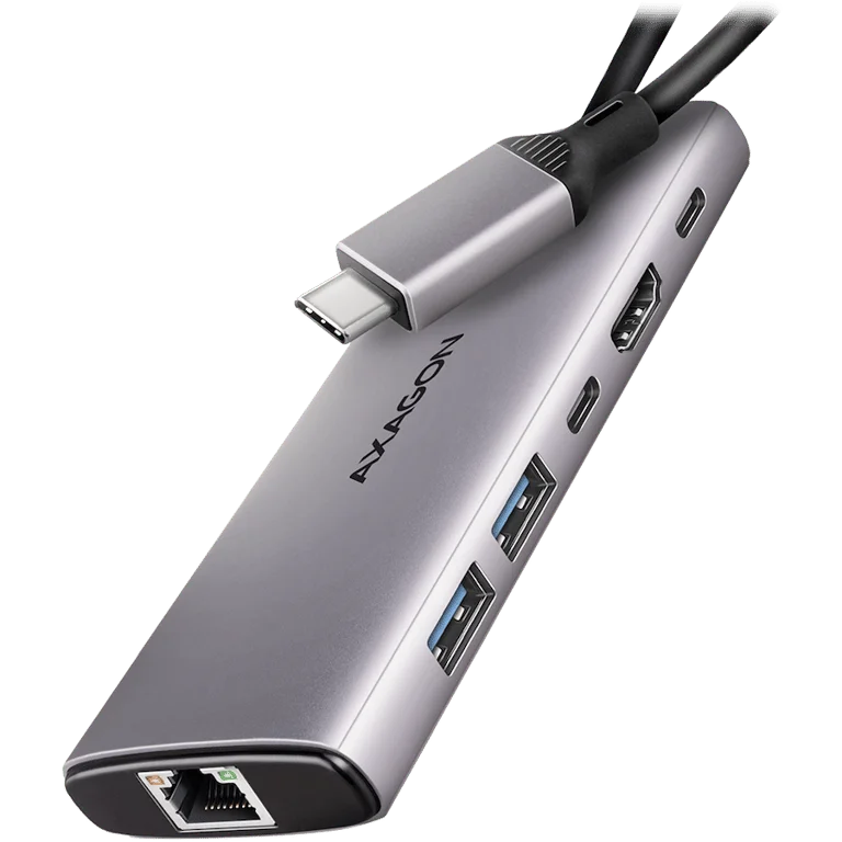 USB хъб AXAGON HMC-6G2L, 2x USB-A 10Gbps, 1x USB-C 10Gbps, 4K/60Hz HDMI, RJ-45, USB 3.2 Gen 2, PD 100W, 15 см кабел