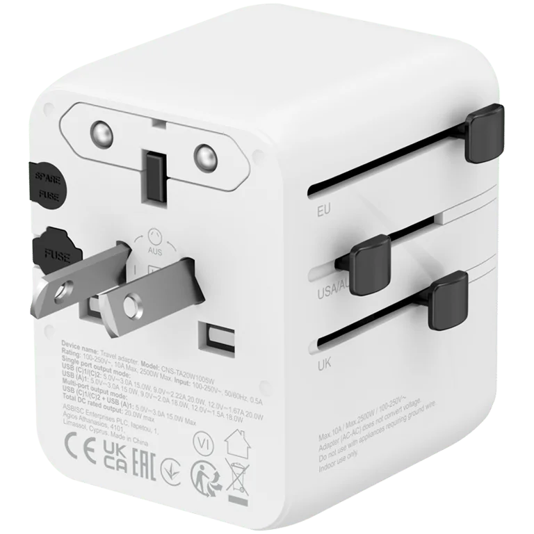 CANYON Travel Adapter OnTour 20 EU/UK/US/AUS 20W  White