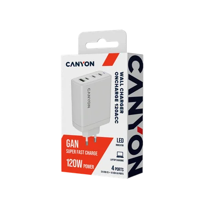 CANYON charger OnCharge 120 GAN Total 120W MAX 3 USB-C +1 USB-A White EU plug