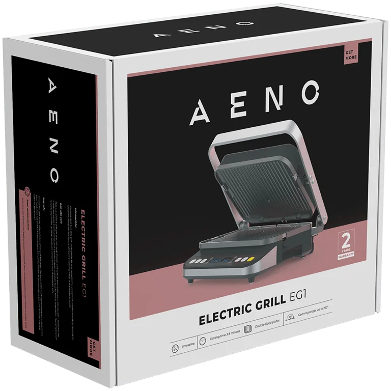 AENO ''Electric Grill EG1: 2000W, 3 heating modes - Upper Grill, Lower Grill, Both Grills  Defrost, Max opening angle -180°, Temperature regulation, Timer, Removable double-sided plates, Plate size 320*220mm''