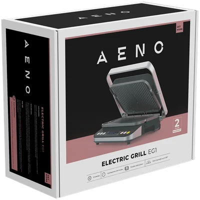AENO ''Electric Grill EG1: 2000W, 3 heating modes - Upper Grill, Lower Grill, Both Grills  Defrost, Max opening angle -180°, Temperature regulation, Timer, Removable double-sided plates, Plate size 320*220mm''