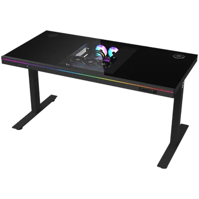 Dual-motor sit/stand adjustable-height gaming desk with built-in PC case, wireless charger, RGB lighting, control panel, and USB ports, tempered glass tabletop, black.