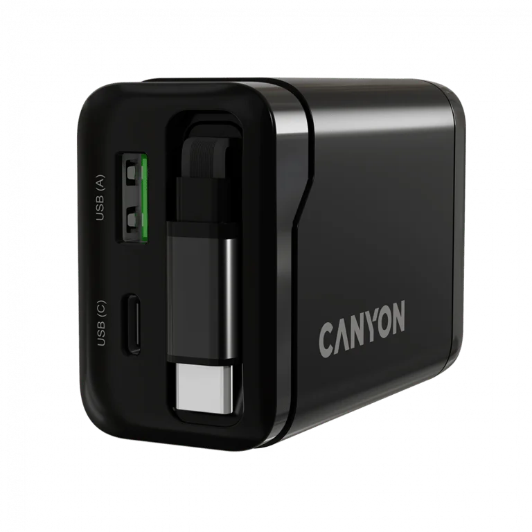 CANYON charger OnCharge 65RC Build-In Cable USB-C 65W 1xPD 1xQC EU Black