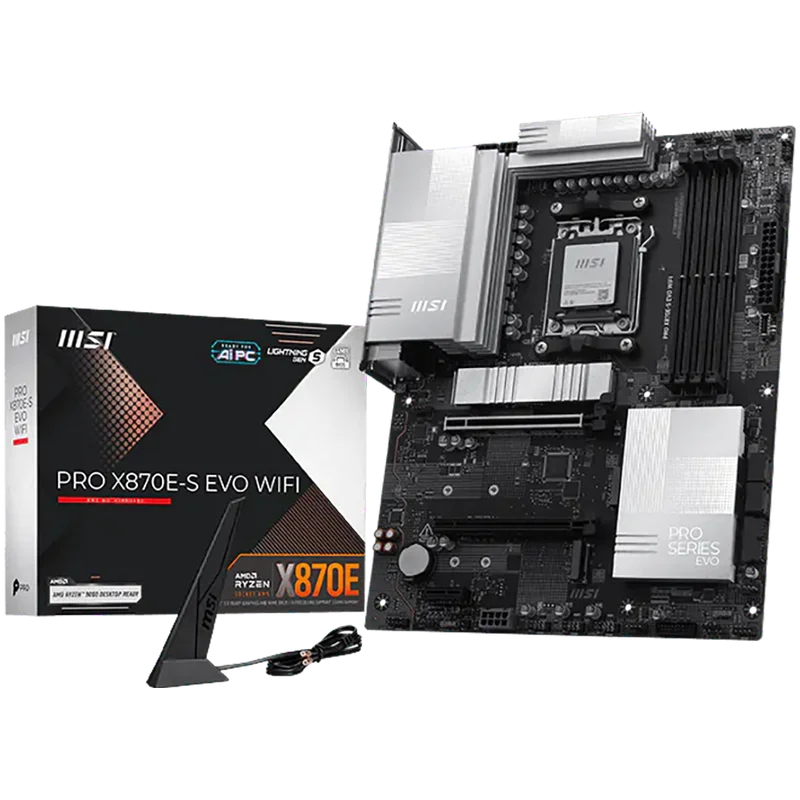 MSI PRO X870E-S EVO WIFI, ATX, Socket AM5, 4x DDR5 Dual Channel, 1x PCIe x16 slot, 1x PCIe x4 slot, 1x PCIe x1 slot, 3x M.2 slot, 4x SATA3, 1x USB4 40Gbps Type-C, 1x HDMI, 1x DP Type-C, 7.1 HD Audio, 5G LAN, WiFi 7, BT, 3Y