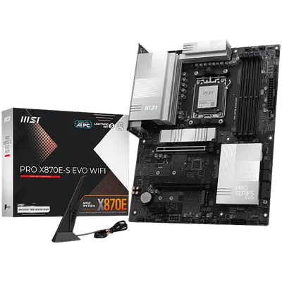MSI PRO X870E-S EVO WIFI, ATX, Socket AM5, 4x DDR5 Dual Channel, 1x PCIe x16 slot, 1x PCIe x4 slot, 1x PCIe x1 slot, 3x M.2 slot, 4x SATA3, 1x USB4 40Gbps Type-C, 1x HDMI, 1x DP Type-C, 7.1 HD Audio, 5G LAN, WiFi 7, BT, 3Y