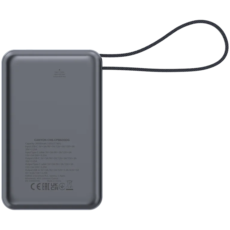 CANYON power bank OnPower 600 built-in cable 20000 mAh PD65W Dark Grey