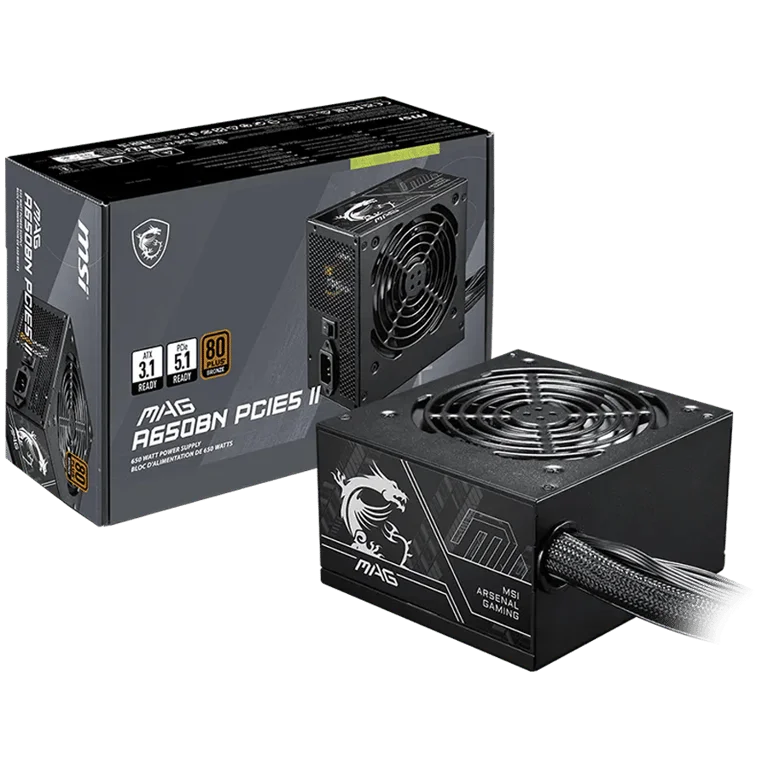 MSI MAG A650BN PCIE5 II, 650W, 80 Plus Bronze, 120mm Low Noise Fan, Protections: OVP/OCP/SCP/OPP/UVP, Dimensions: 150mmx140mmx86mm, 5Y Warranty