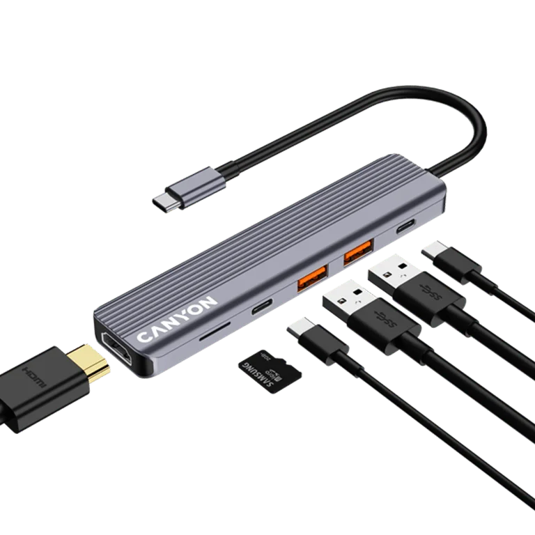 USB хъб CANYON DS-17 6-в-1, USB-C, HDMI 4K, microSD четец, сив