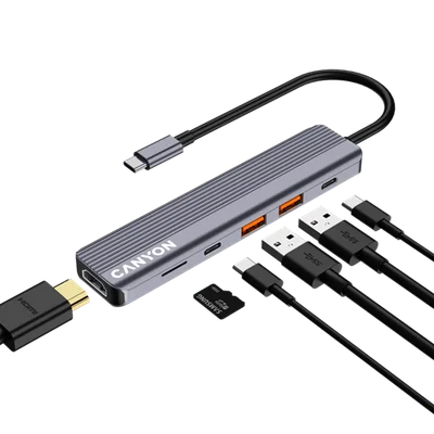 USB хъб CANYON DS-17 6-в-1, USB-C, HDMI 4K, microSD четец, сив