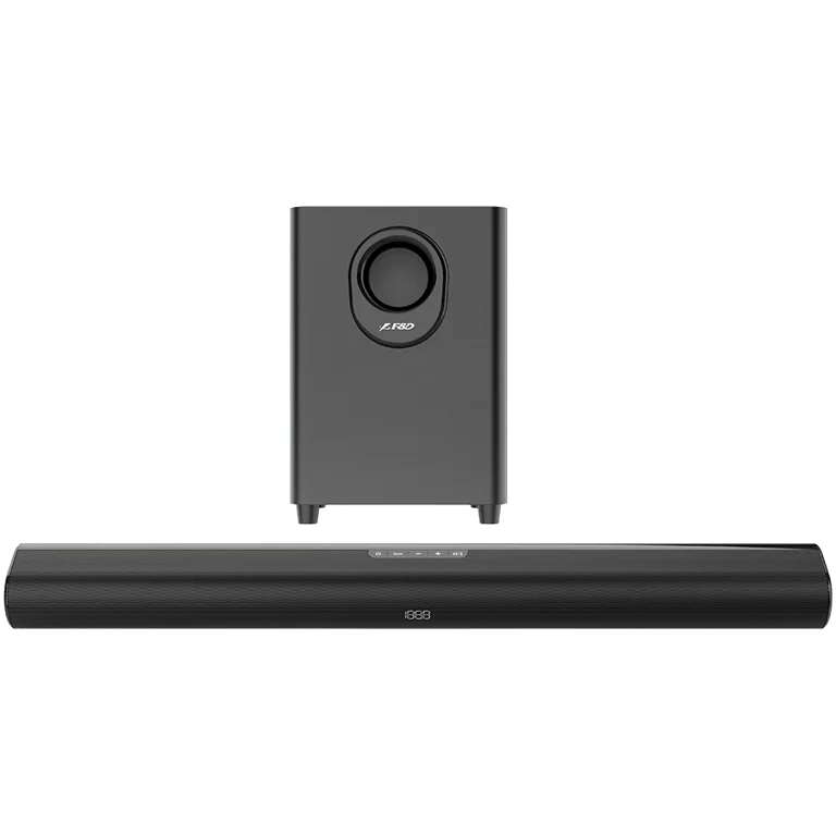 F&D HT-330 2.1 TV Soundbar with Wired Subwoofer, 80W RMS (20Wx2+40W), Full-range speaker: 50x90mm + 6.5'' Subwoofer, BT 5.0/Optical/AUX/HDMI/USB/LED Display/Remote Control/Wooden/Black