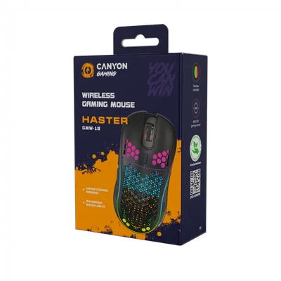 Canyon 7keys Gaming 2.4G wireless mouse, KA8 sensor, DPI up to 1600, rubber coating on panel, Huano 1million switch, 45cm PVC cable, ABS material. 400mAh battery, size: 125.8*63.7*41mm, weight: 95g, Black