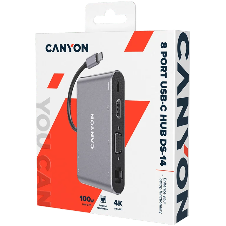 USB хъб CANYON DS-14 8-в-1 4K USB-C Тъмно сив