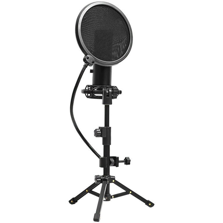 LORGAR Voicer 721, Gaming Microphone, Black, USB condenser microphone with tripod stand, pop filter, including 1 microphone, 1 Height metal tripod, 1 plastic shock mount, 1 windscreen cap, 1,2m metel type-C USB cable, 1 pop filter, 154.6x56.1mm