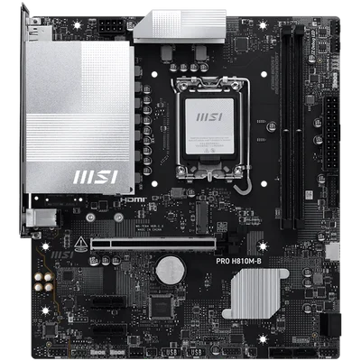MSI PRO H810M-B, mATX, LGA 1851, 2x DDR5 Dual Channel DDR5 up to 6400(OC)MHz, 1x PCIe x16 slot, 1x M.2 slot, 4x USB 2.0, 2x USB 5Gbps, HDMI, DP, 7.1 HD Audio, 2.5G LAN, 3Y