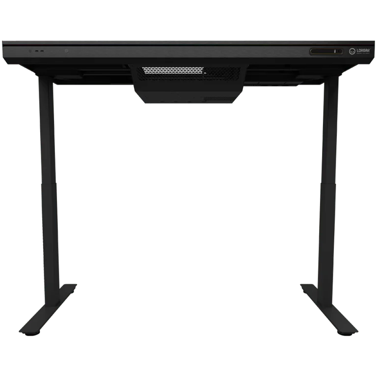 Dual-motor sit/stand adjustable-height gaming desk with built-in PC case, wireless charger, RGB lighting, control panel, and USB ports, tempered glass tabletop, black.