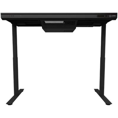 Dual-motor sit/stand adjustable-height gaming desk with built-in PC case, wireless charger, RGB lighting, control panel, and USB ports, tempered glass tabletop, black.