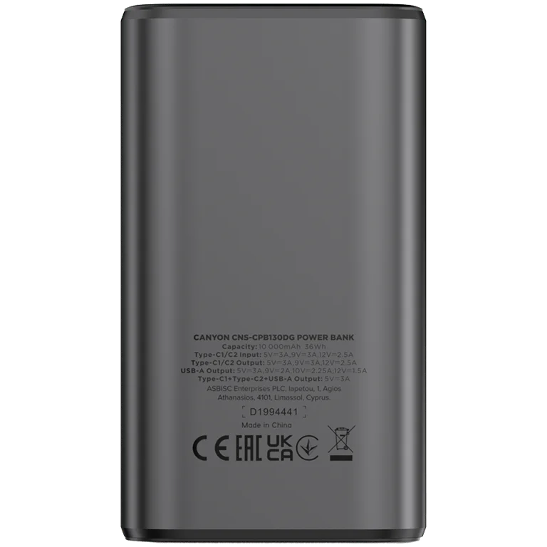 Външна батерия CANYON OnPower 130 10000mAh PD30W тъмно сив