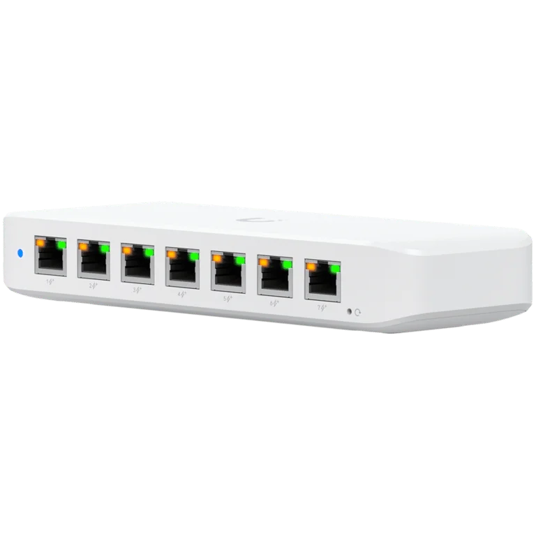 Ubiquiti USW-Ultra-210W-EU compact, Layer 2, 8-port GbE PoE switch with versatile mounting options, 7x GbE PoE+ output ports, GbE port with optional PoE++ input, 202W PoE availability with the included AC power adapter
