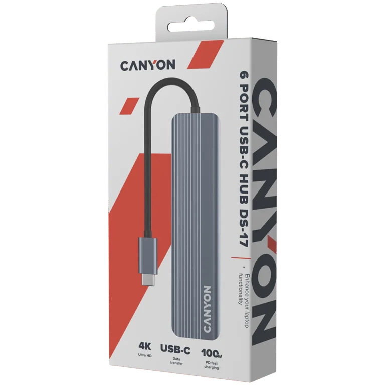 USB хъб CANYON DS-17 6-в-1, USB-C, HDMI 4K, microSD четец, сив