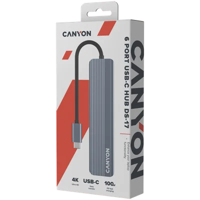 USB хъб CANYON DS-17 6-в-1, USB-C, HDMI 4K, microSD четец, сив