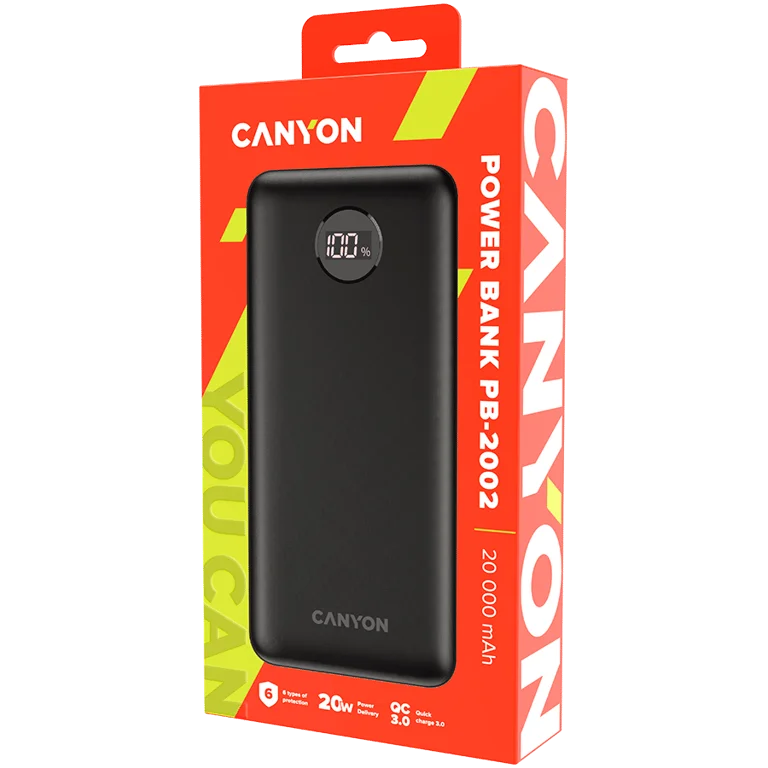 Външна батерия CANYON PB-2002 20000 mAh LED дисплей PD 20W QC 3.0 Черен