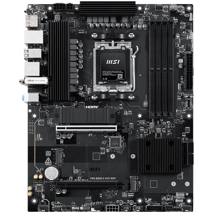 MSI PRO B850-S EVO WIFI, ATX, Socket AM5, 4x DDR5 Dual Channel up to 8200(OC)MHz, 2x PCIe x16 slot, 3x M.2 slot, 4x USB 2.0, 2x USB 5Gbps, 2x USB 10Gbps, 1x USB 10Gbps Type-C, HDMI, DP, 7.1 HD Audio, 5G LAN, WiFI 7, BT, 3Y