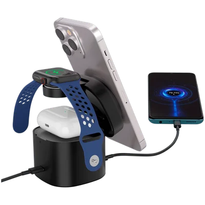 Безжична зарядна станция Canyon OnCharge 405, 4-в-1, Qi2, 15W, с 65W адаптер, черен