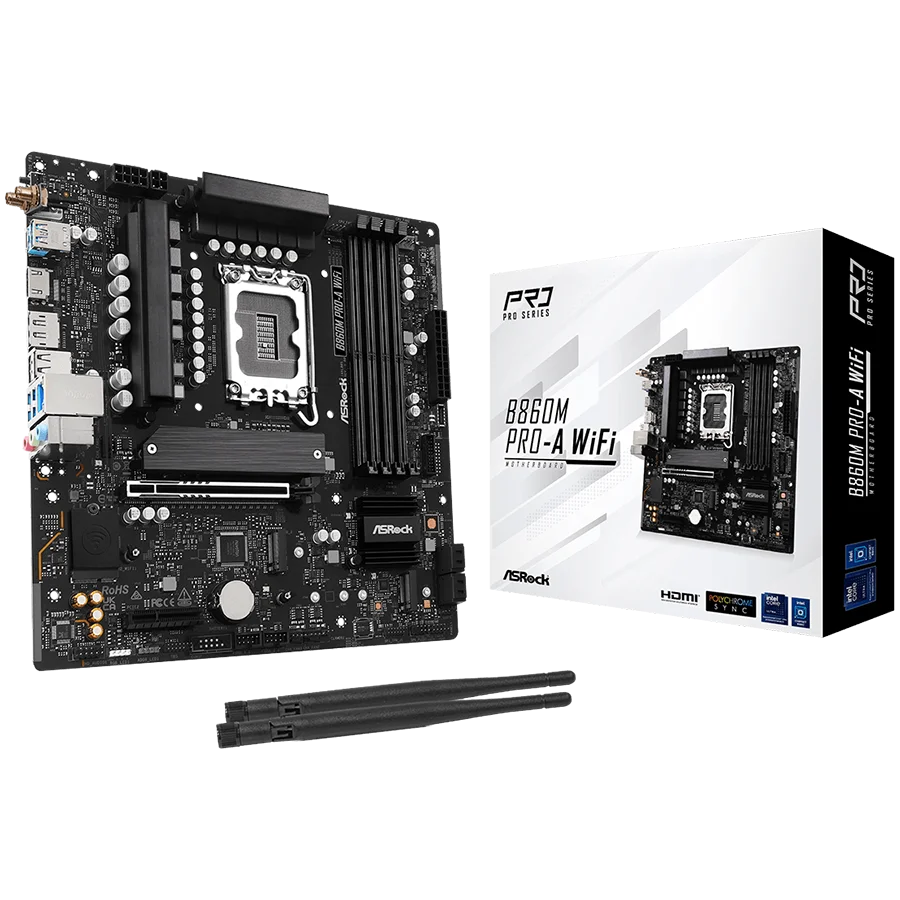 ASROCK MB Desktop B860M Pro-A Wi-Fi, S.1851, 4x DDR5, 1x PCIe 5.0 x16, 1x PCIe 4.0 x4, 1x Blazing M.2, 2x Hyper M.2, 4x SATA3, 2x USB-C, 5x USB 3.2, 6x USB 2.0, 1x RJ-45 2.5GB Lan, 802.11axe Wi-Fi 6E, BT 5.3 1x HDMI, 1x DP 1.4, mATX