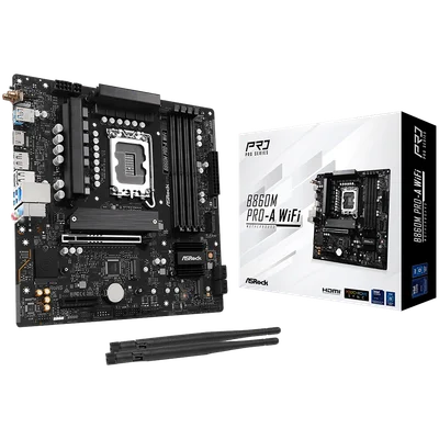 ASROCK MB Desktop B860M Pro-A Wi-Fi, S.1851, 4x DDR5, 1x PCIe 5.0 x16, 1x PCIe 4.0 x4, 1x Blazing M.2, 2x Hyper M.2, 4x SATA3, 2x USB-C, 5x USB 3.2, 6x USB 2.0, 1x RJ-45 2.5GB Lan, 802.11axe Wi-Fi 6E, BT 5.3 1x HDMI, 1x DP 1.4, mATX