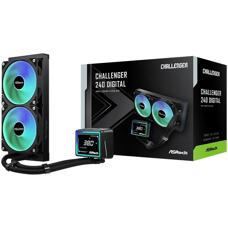 Охладителна система ASROCK Challenger 240 Digital 90-ACLA36-BAAGA6, водно охлаждане, ARGB, дигитален дисплей, 240 мм радиатор, черен