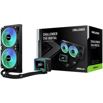 Охладителна система ASROCK Challenger 240 Digital 90-ACLA36-BAAGA6, водно охлаждане, ARGB, дигитален дисплей, 240 мм радиатор, черен